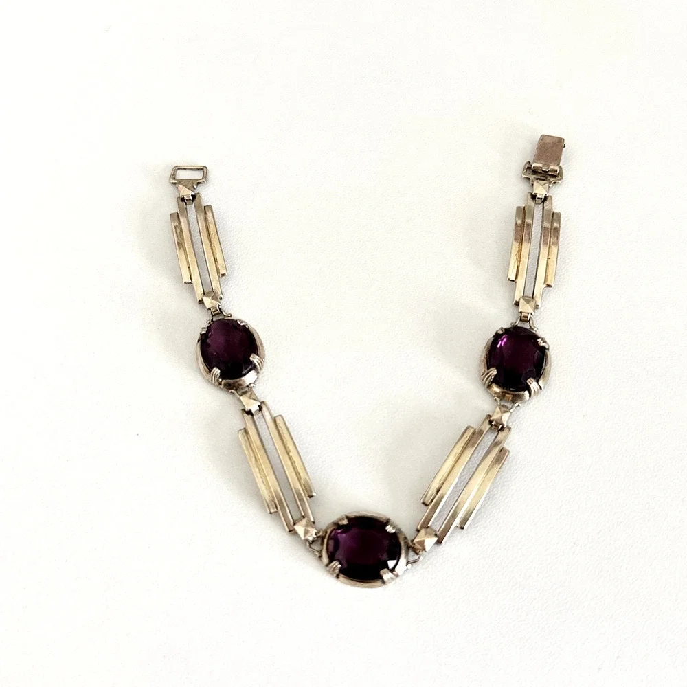Symmetalic 925 Sterling Silver & 14K Gold Two Tone Purple Faceted Glass Bracelet